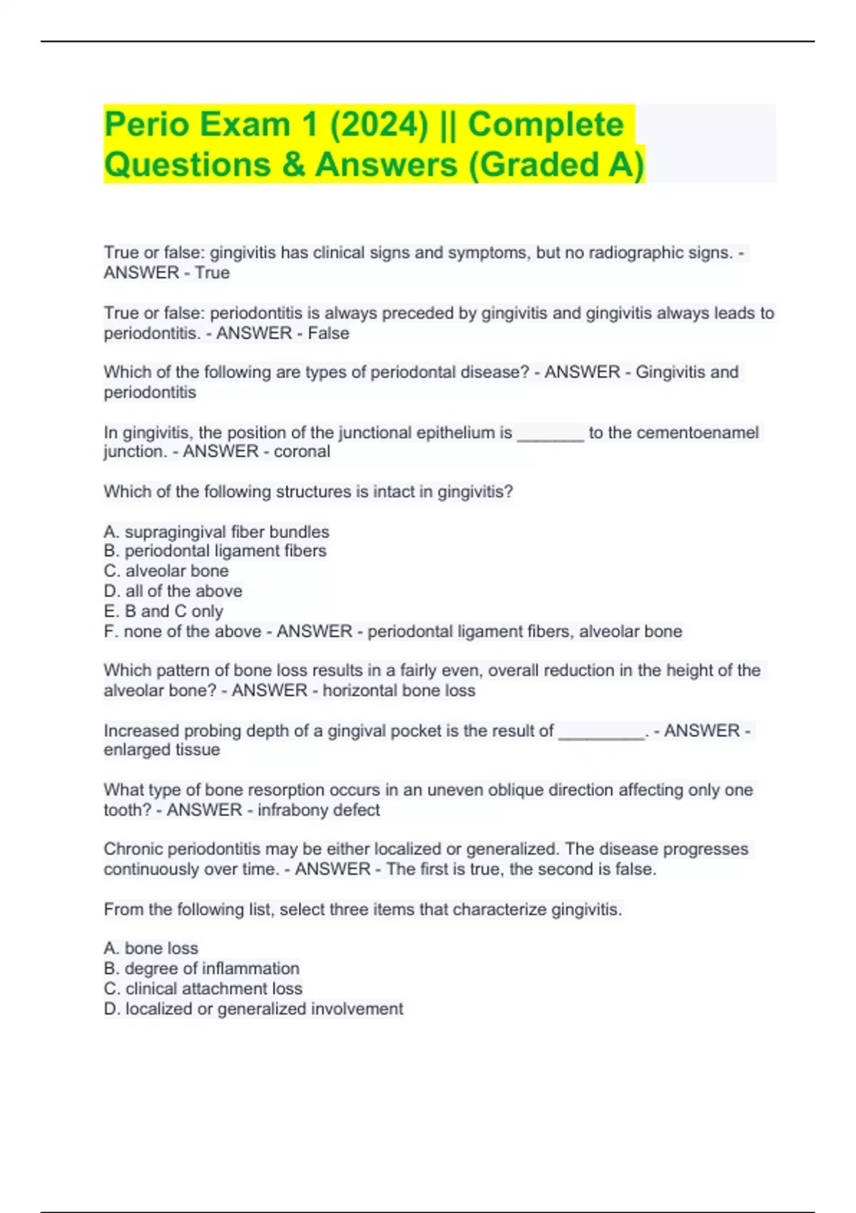 Perio Exam 1 (2024) Complete Questions & Answers (Graded A) Perio