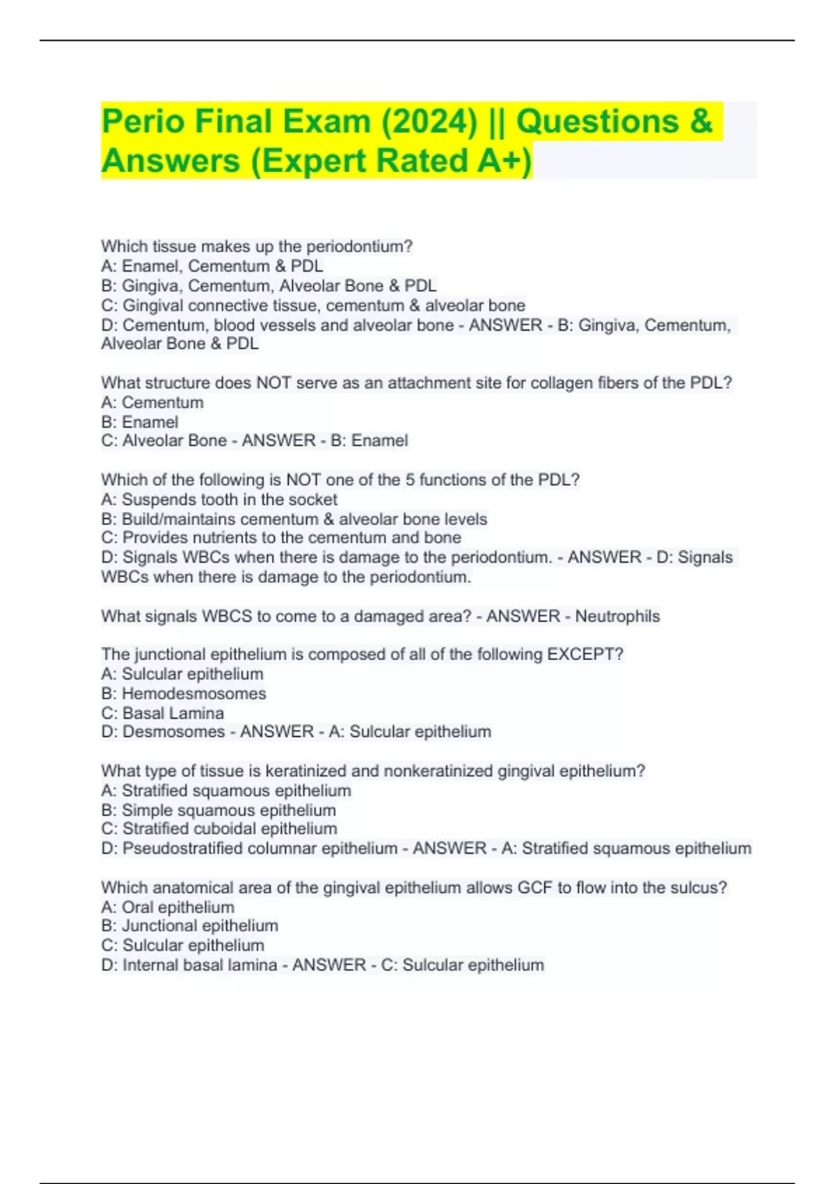 Perio Final Exam (2024) Questions & Answers (Expert Rated A+