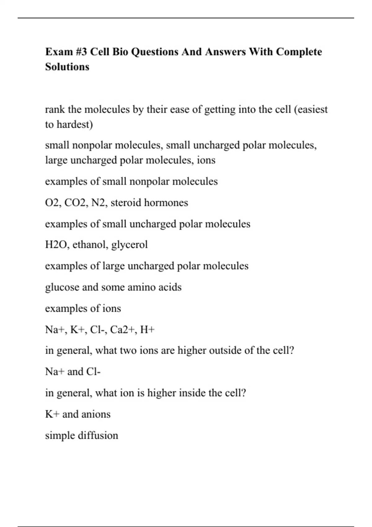 Exam #3 Cell Bio Questions And Answers With Complete Solutions - Cell ...