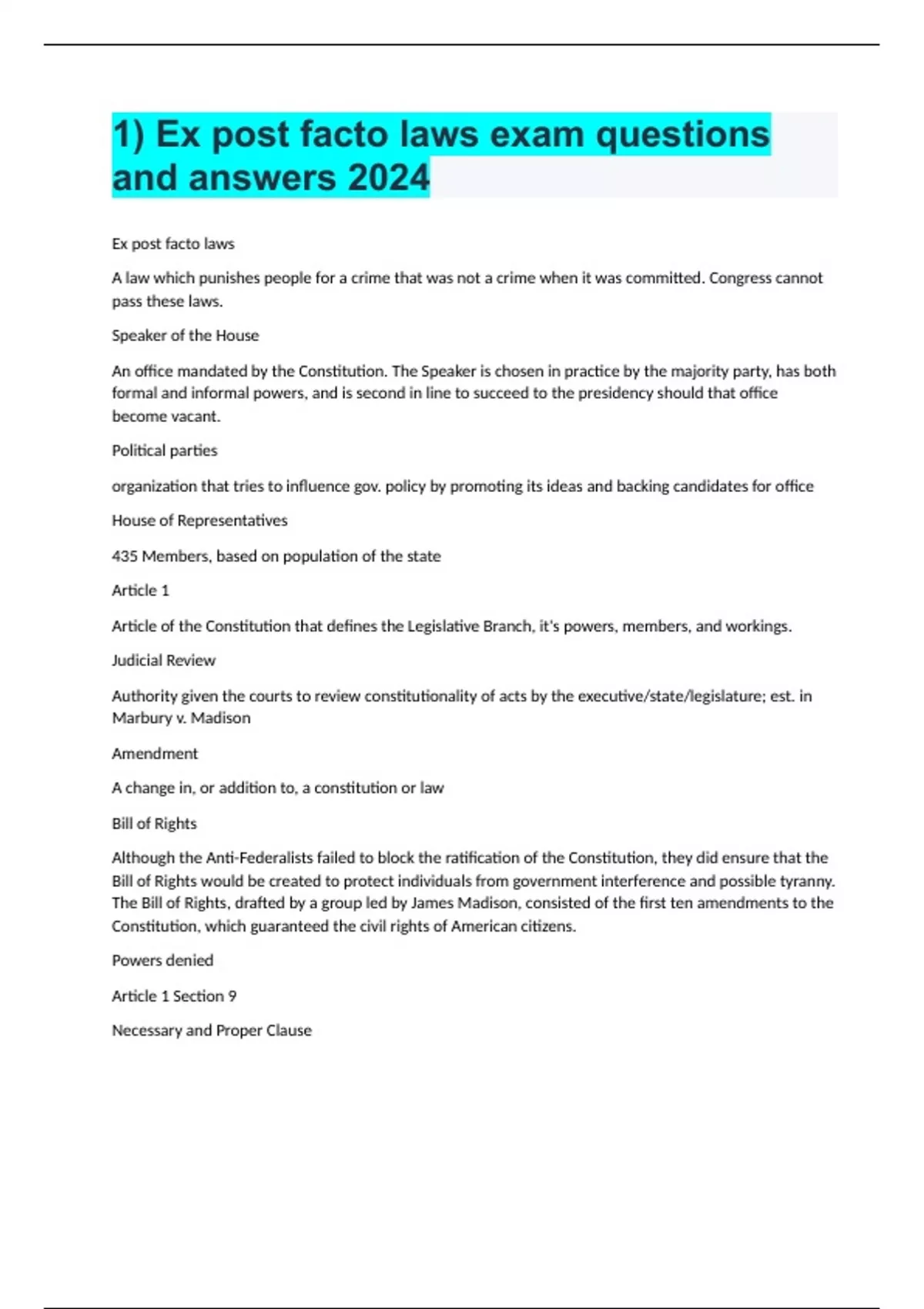 1) Ex post facto laws exam questions and answers 2024 Ex Post Facto