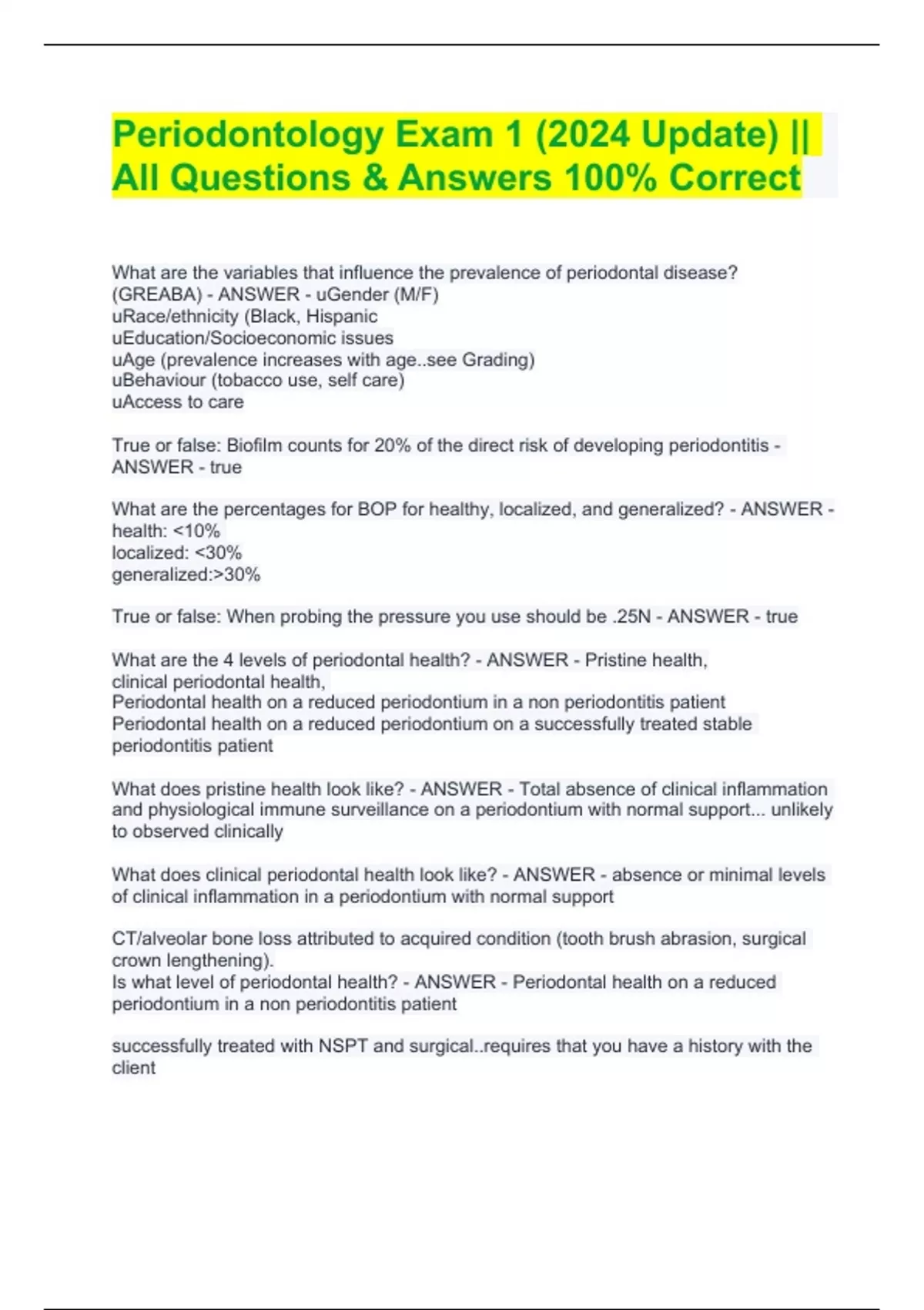 Periodontology Exam 1 (2024 Update) All Questions & Answers 100