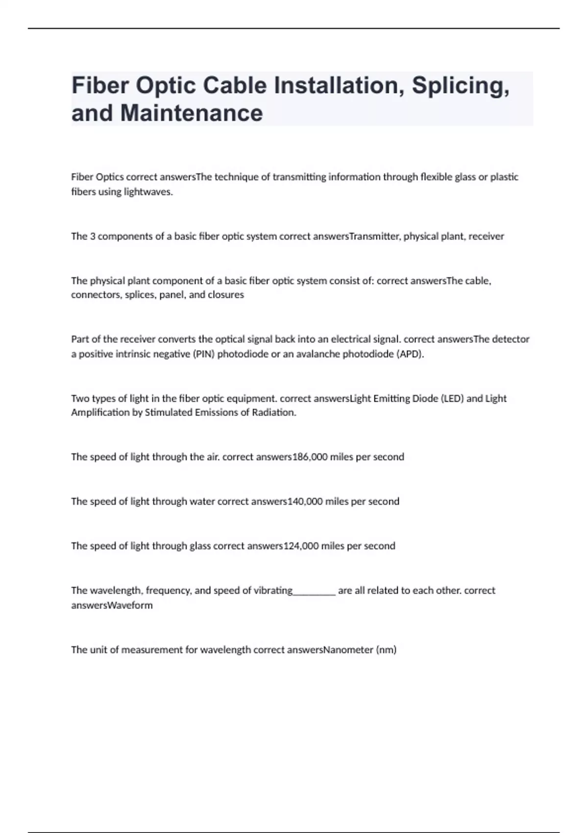 Fiber Optic Cable Installation, Splicing, and Maintenance exam 2024