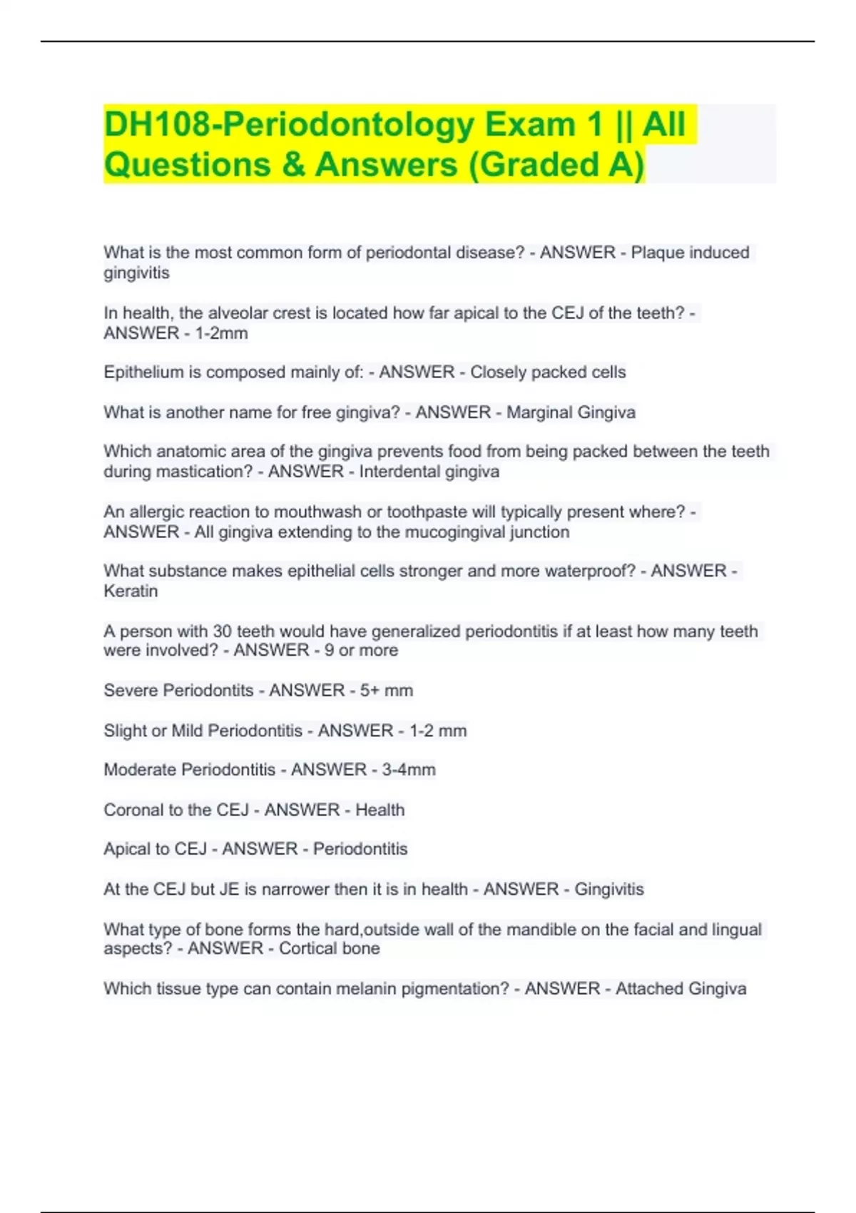 DH108Periodontology Exam 1 All Questions & Answers (Graded A