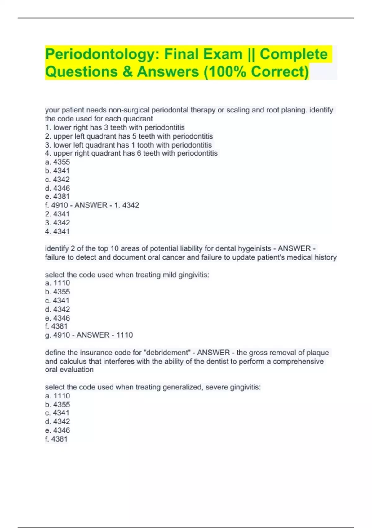 Periodontology Final Exam Complete Questions & Answers (100