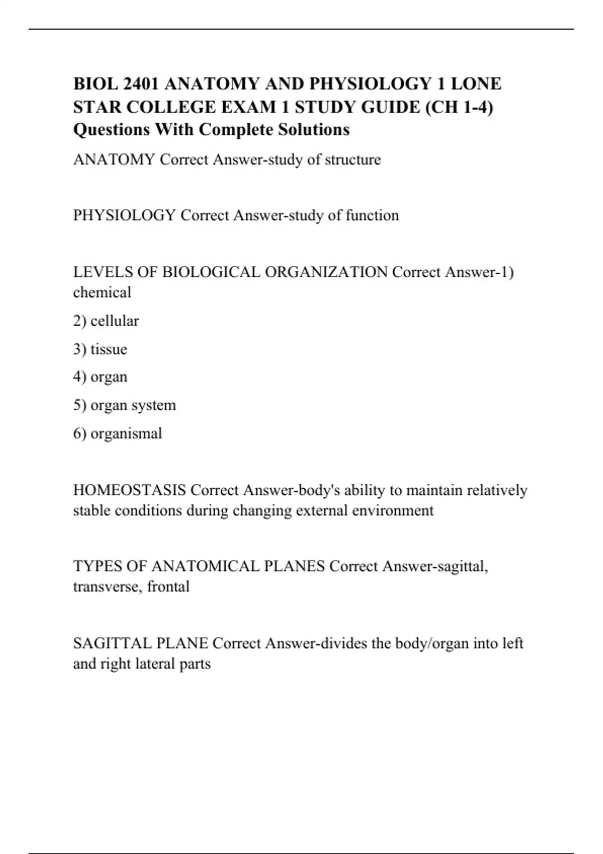 BIOL 2401 ANATOMY AND PHYSIOLOGY 1 LONE STAR COLLEGE EXAM 1 STUDY GUIDE ...