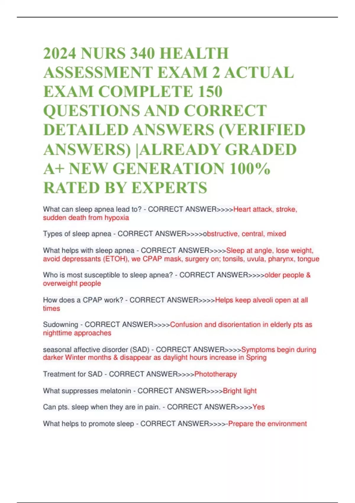 2024 NURS 340 HEALTH ASSESSMENT EXAM 2 ACTUAL EXAM COMPLETE 150 ...