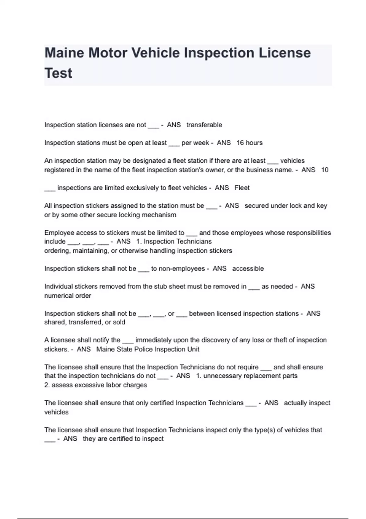 Maine Motor Vehicle Inspection License Test Exam Questions And Answers