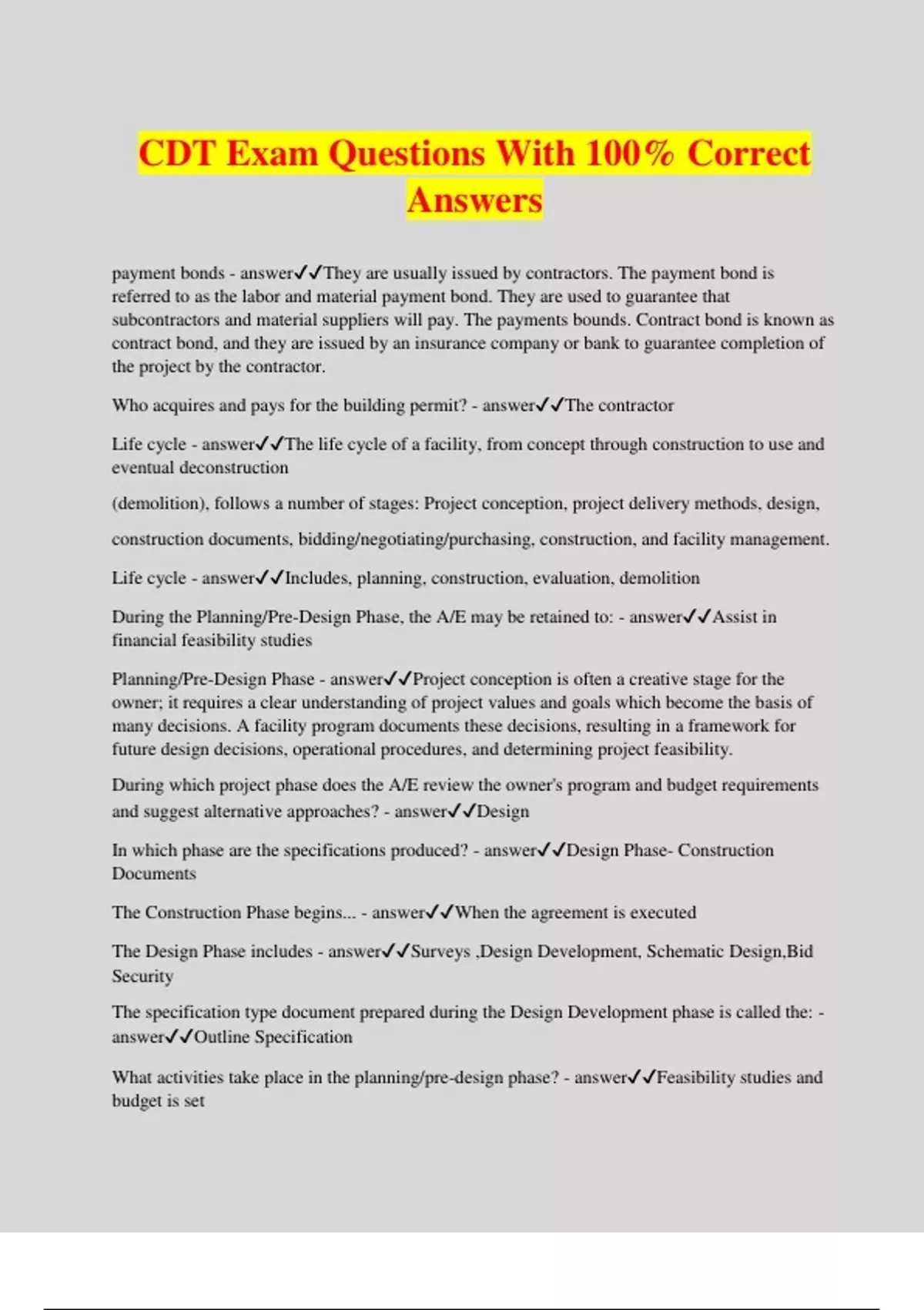 CDT Exam Questions With 100 Correct Answers CDT Stuvia US