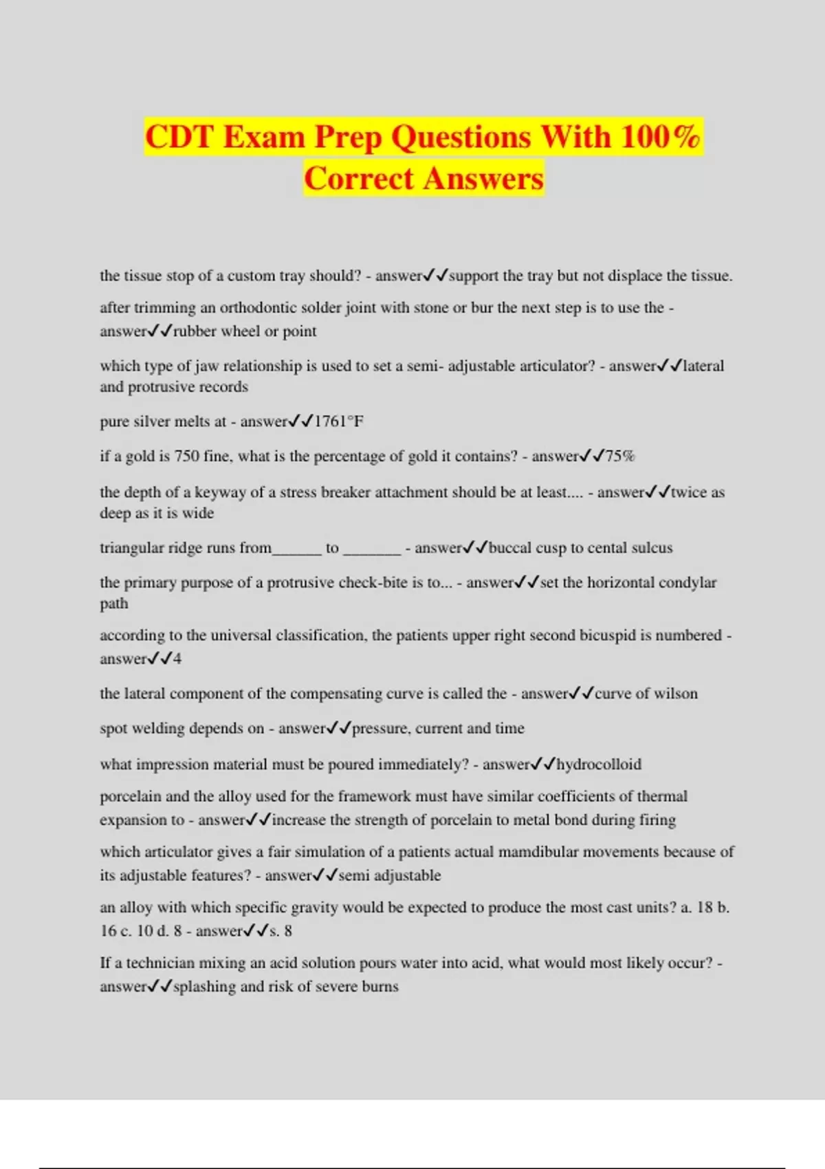 CDT Exam Prep Questions With 100 Correct Answers CDT Stuvia US