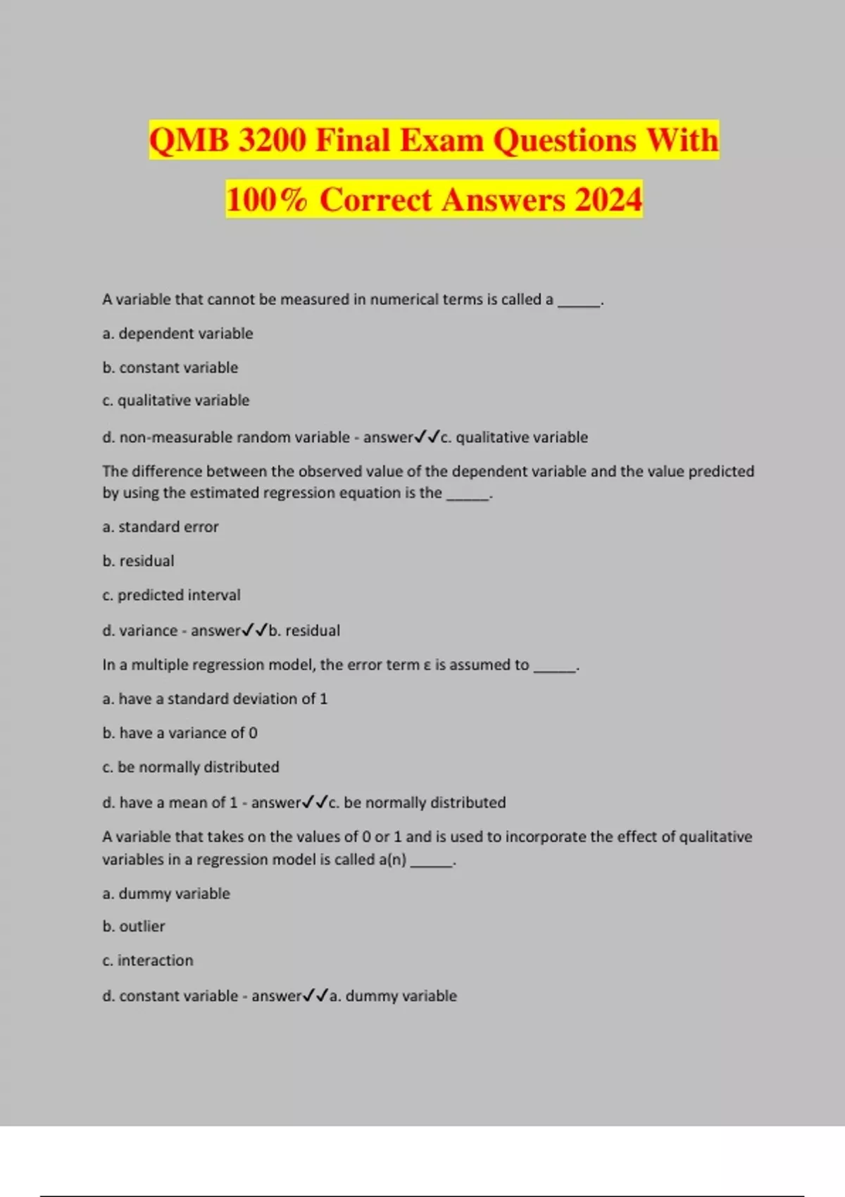 QMB 3200 Final Exam Questions With 100% Correct Answers 2024 - QMB 3200