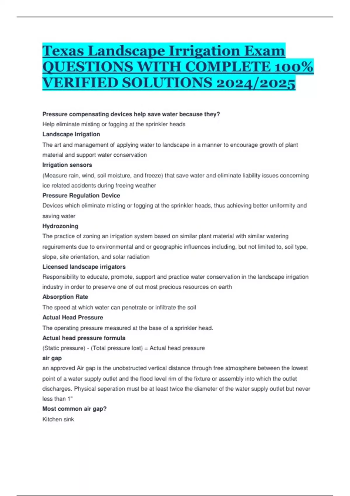 Texas Landscape Irrigation Exam QUESTIONS WITH COMPLETE 100 VERIFIED