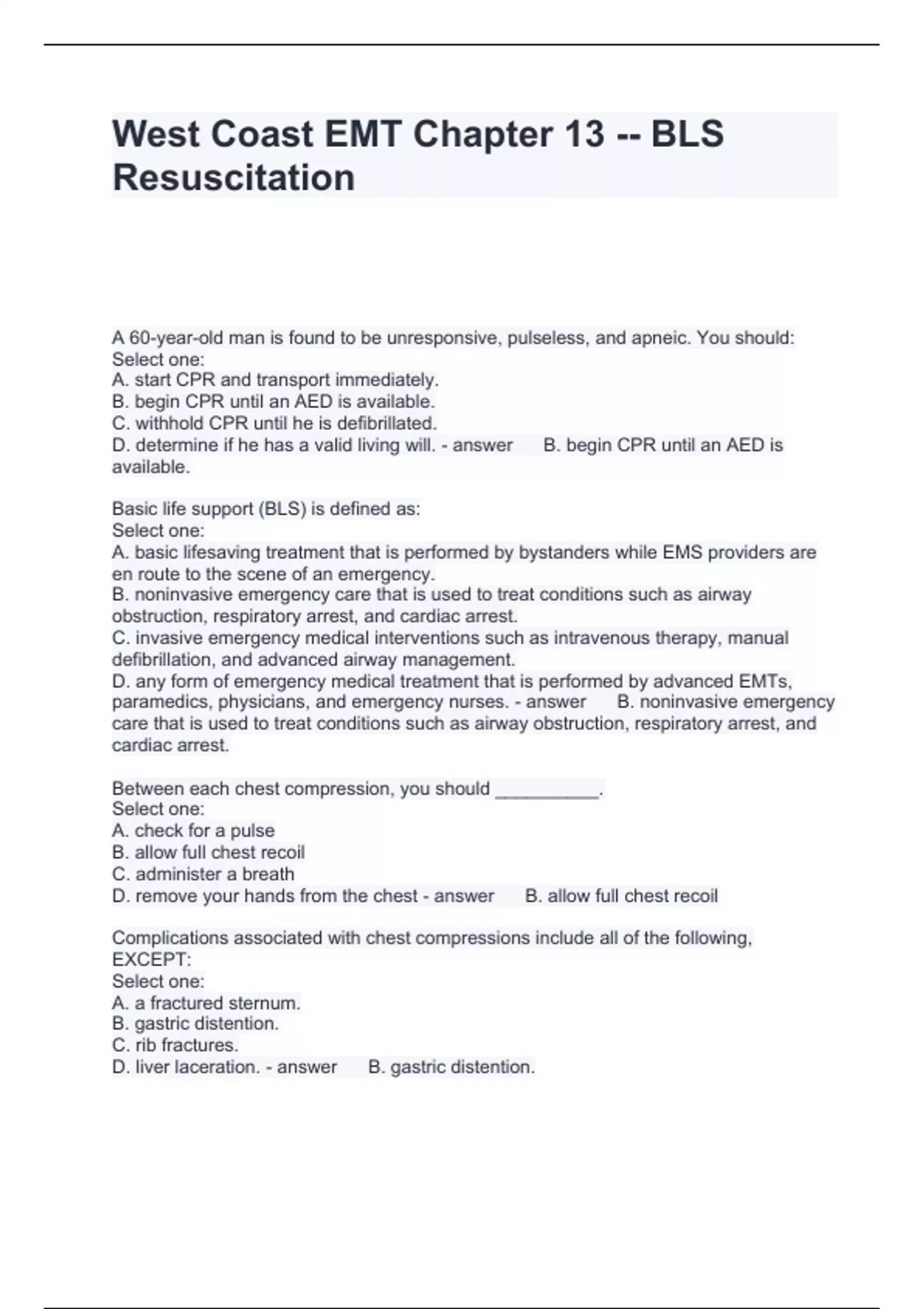West Coast EMT Chapter 13 BLS Resuscitation Questions and Answers