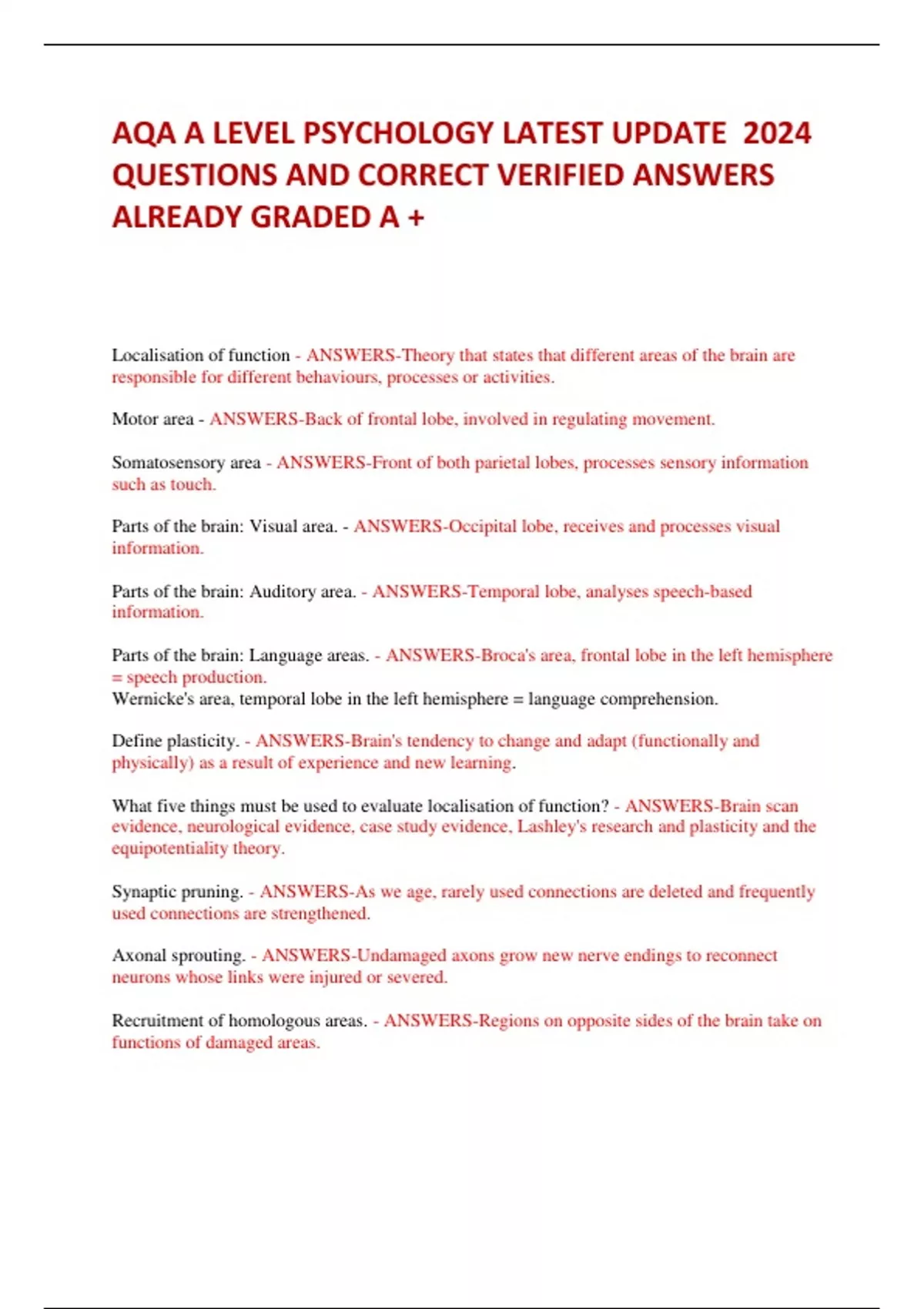 AQA A LEVEL PSYCHOLOGY LATEST UPDATE 2024 QUESTIONS AND CORRECT ...