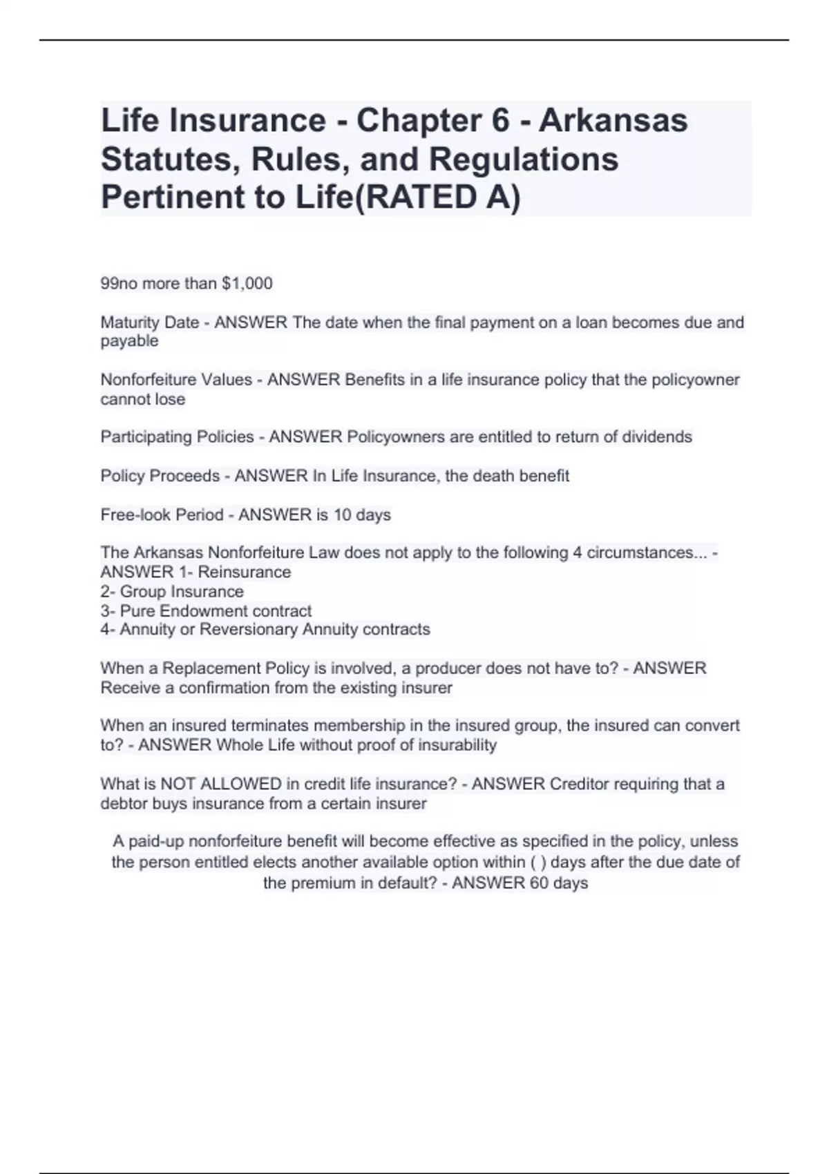 Life Insurance Chapter 6 Arkansas Statutes, Rules, and Regulations