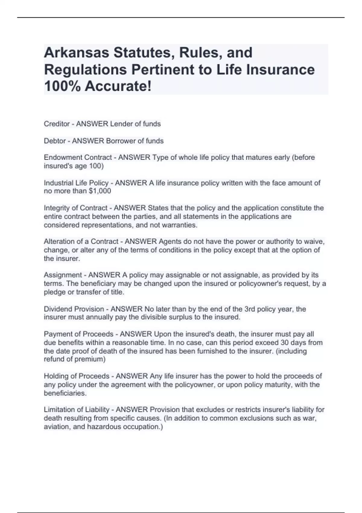 Arkansas Statutes, Rules, and Regulations Pertinent to Life Insurance