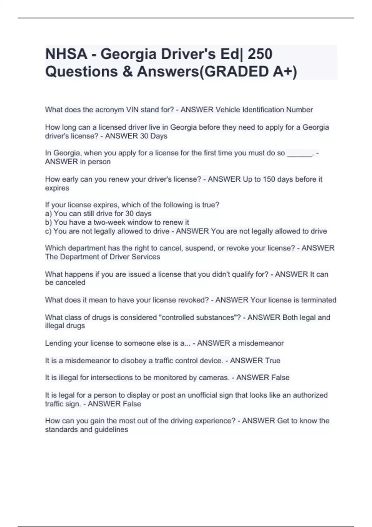 NHSA - Georgia Driver&rsquo;s Ed| 250 Questions &amp; Answers(GRADED A+) 