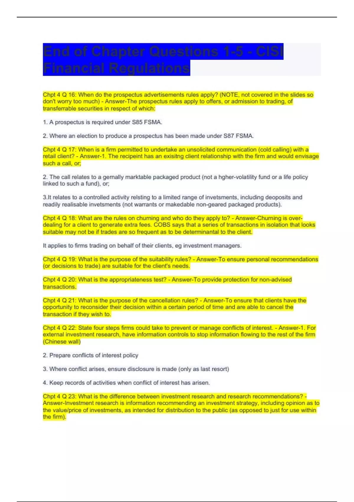 End of Chapter Questions 15 CISI Financial Regulations End of