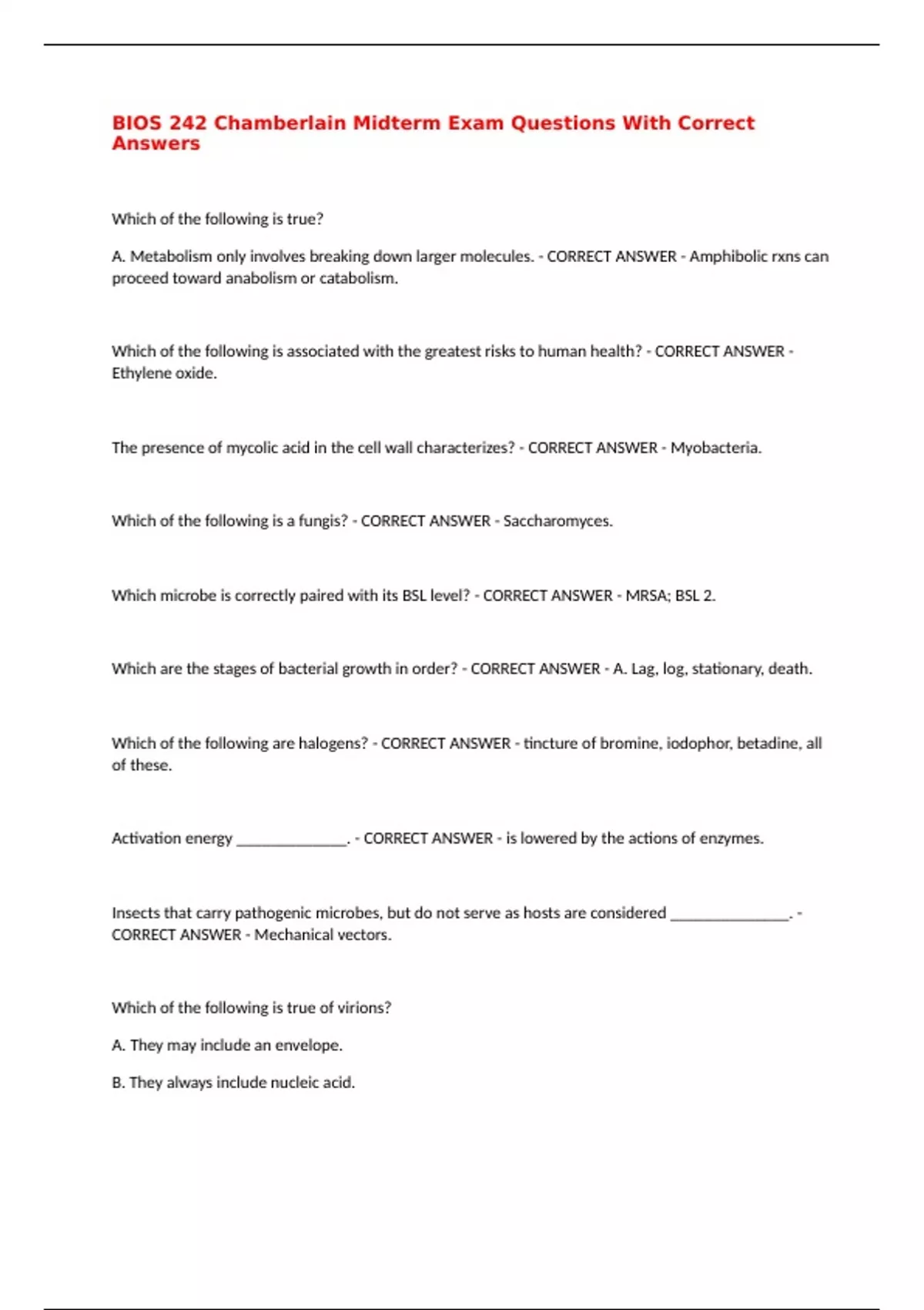 BIOS 242 Chamberlain Midterm Exam Questions With Correct Answers - BIOS ...