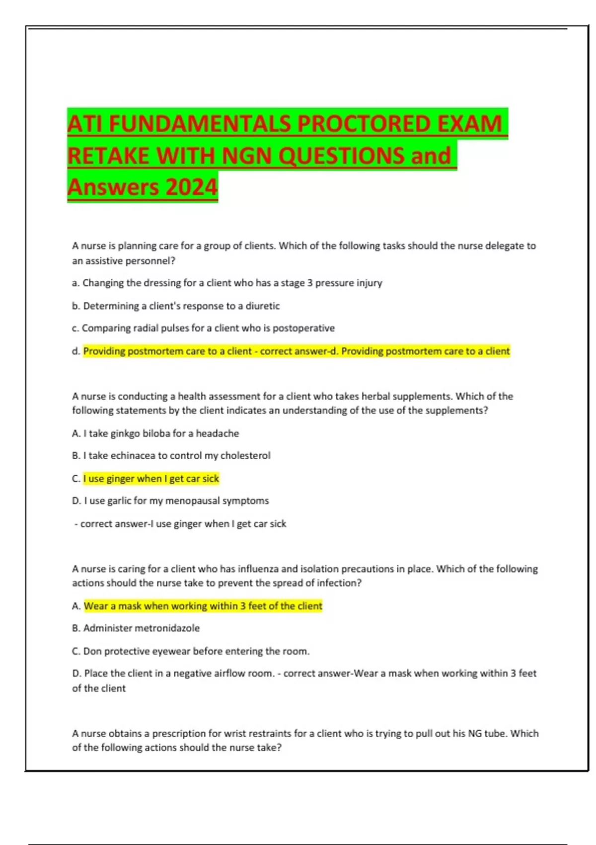 ATI FUNDAMENTALS PROCTORED EXAM RETAKE WITH NGN QUESTIONS and Answers ...