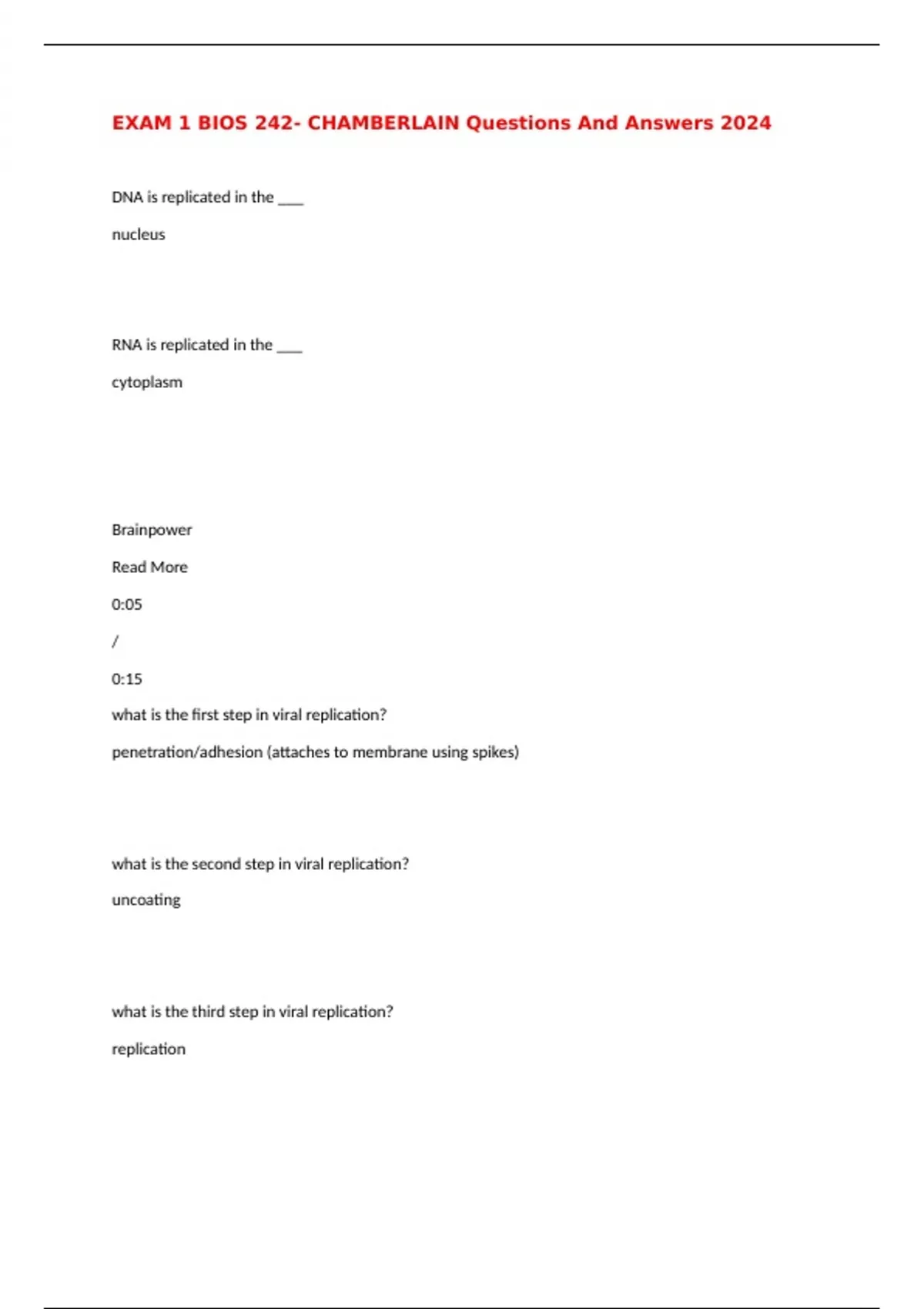 EXAM 1 BIOS 242- CHAMBERLAIN Questions And Answers 2024 - BIOS 242 ...