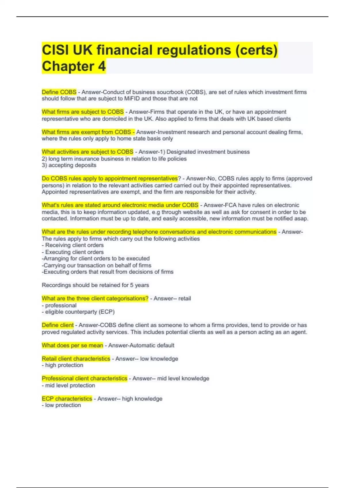 CISI UK financial regulations (certs) Chapter 4 Questions With Correct