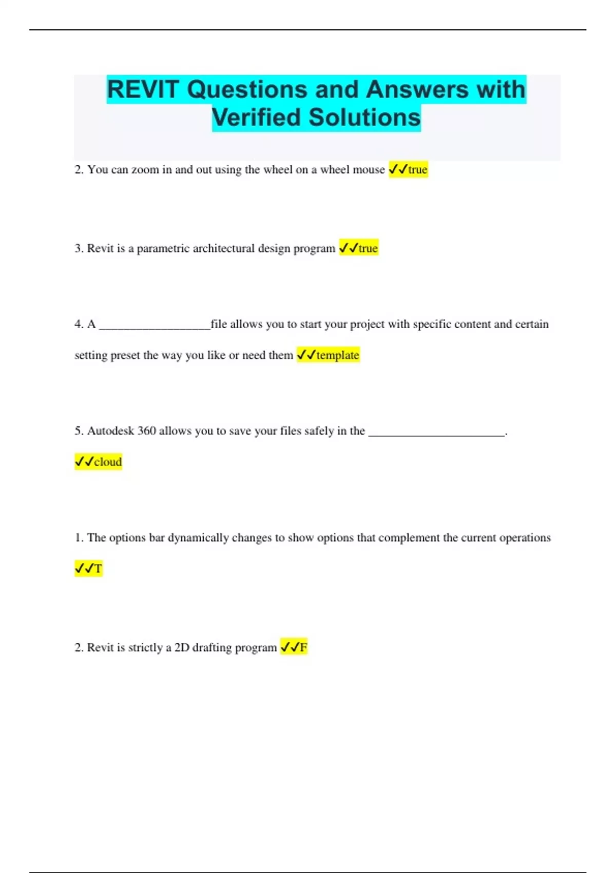 REVIT Questions and Answers with Verified Solutions REVIT Stuvia US