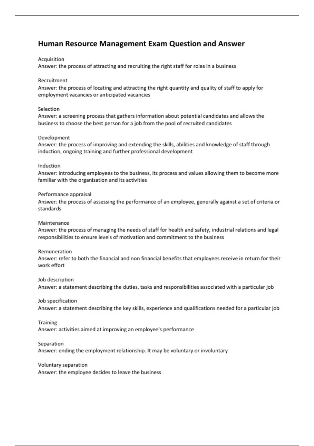 Human Resource Management Exam Question and Answer Human Resource Management Stuvia US