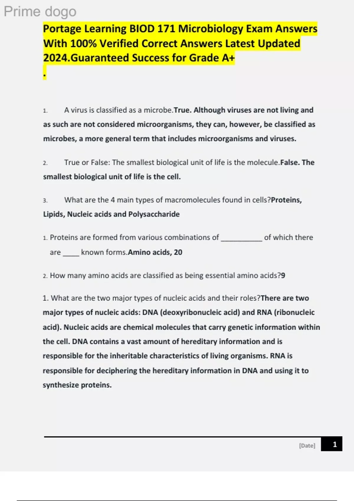 Portage Learning Biod 171 Microbiology Exam Answers with 100% Verified ...