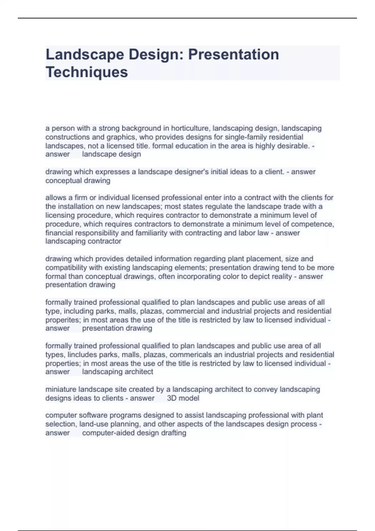 Landscape Design Presentation Techniques Questions and Answers 100% ...