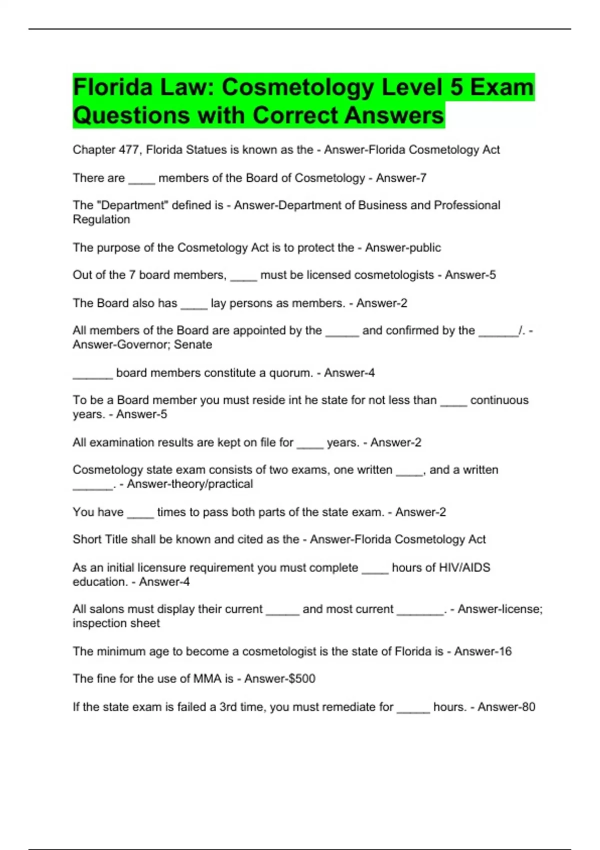 Florida Law: Cosmetology Level 5 Exam Questions with Correct Answers ...