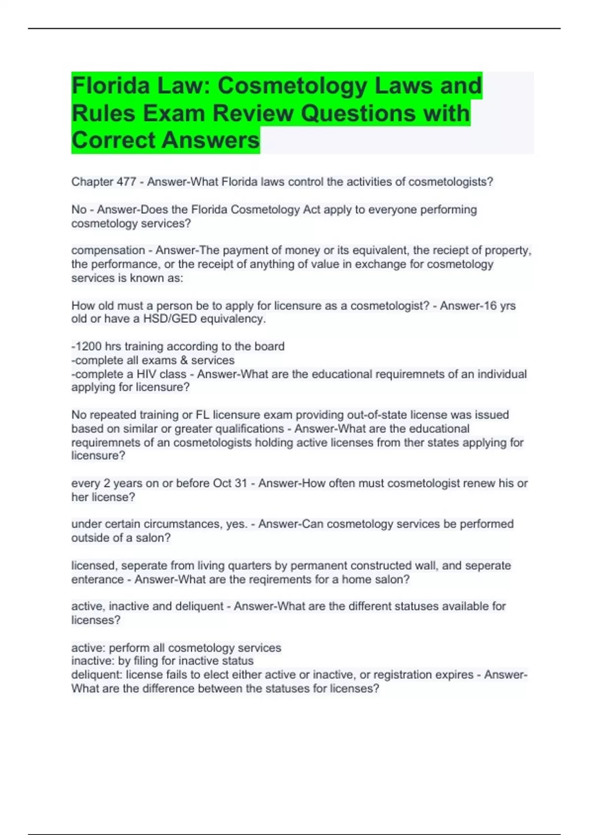 Florida Law Cosmetology Laws and Rules Exam Review Questions with