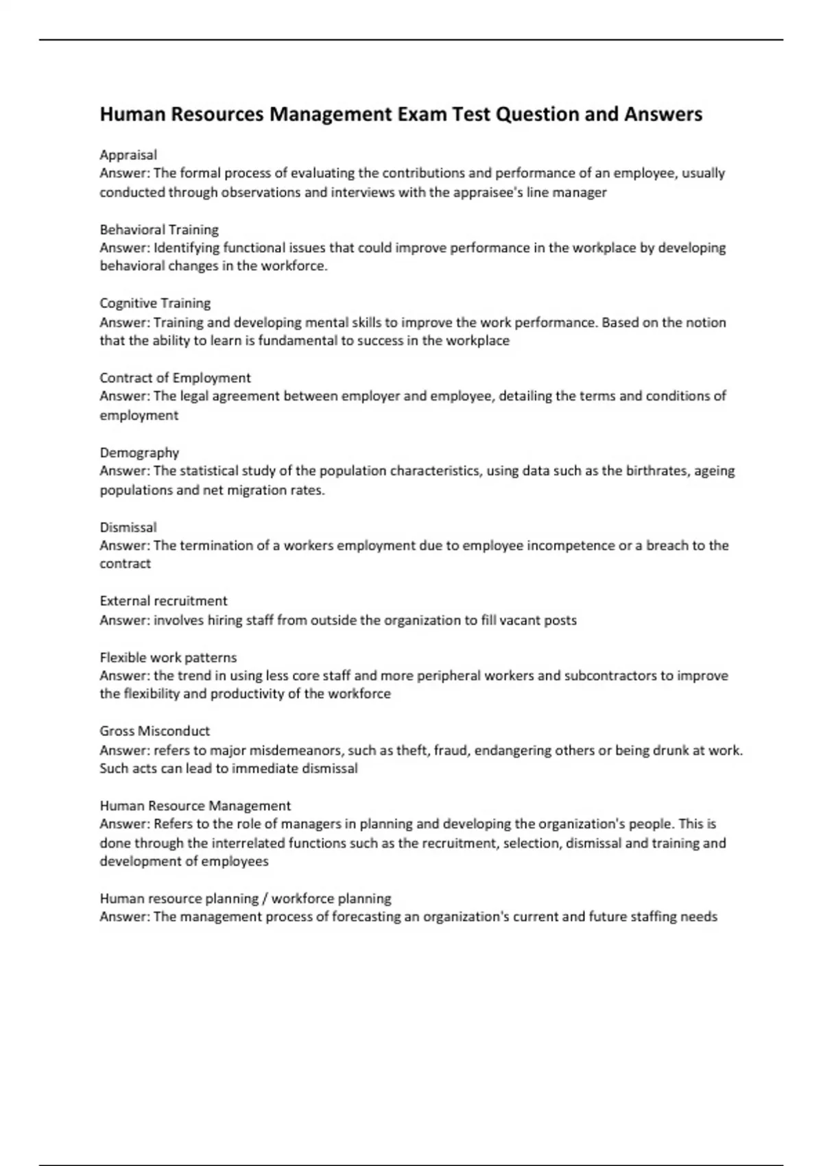 Human Resources Management Exam Test Question and Answers Human