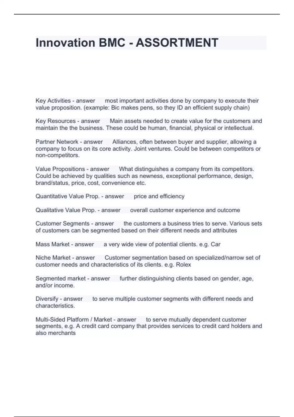 Innovation BMC ASSORTMENT Questions and Answers 100Solved BMC Stuvia US