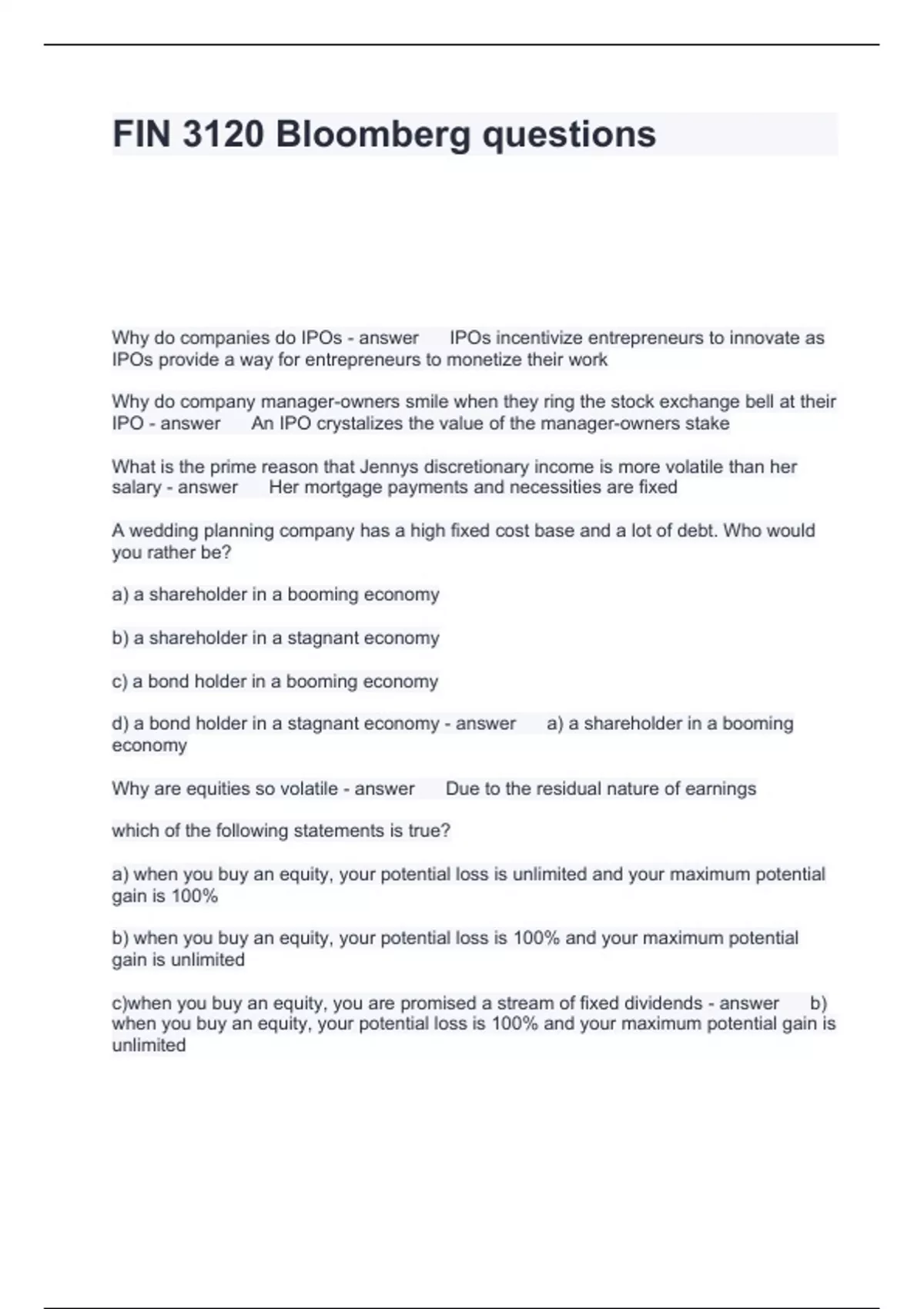 FIN 3120 Bloomberg questions with correct answers 2024 - BMC - Stuvia US