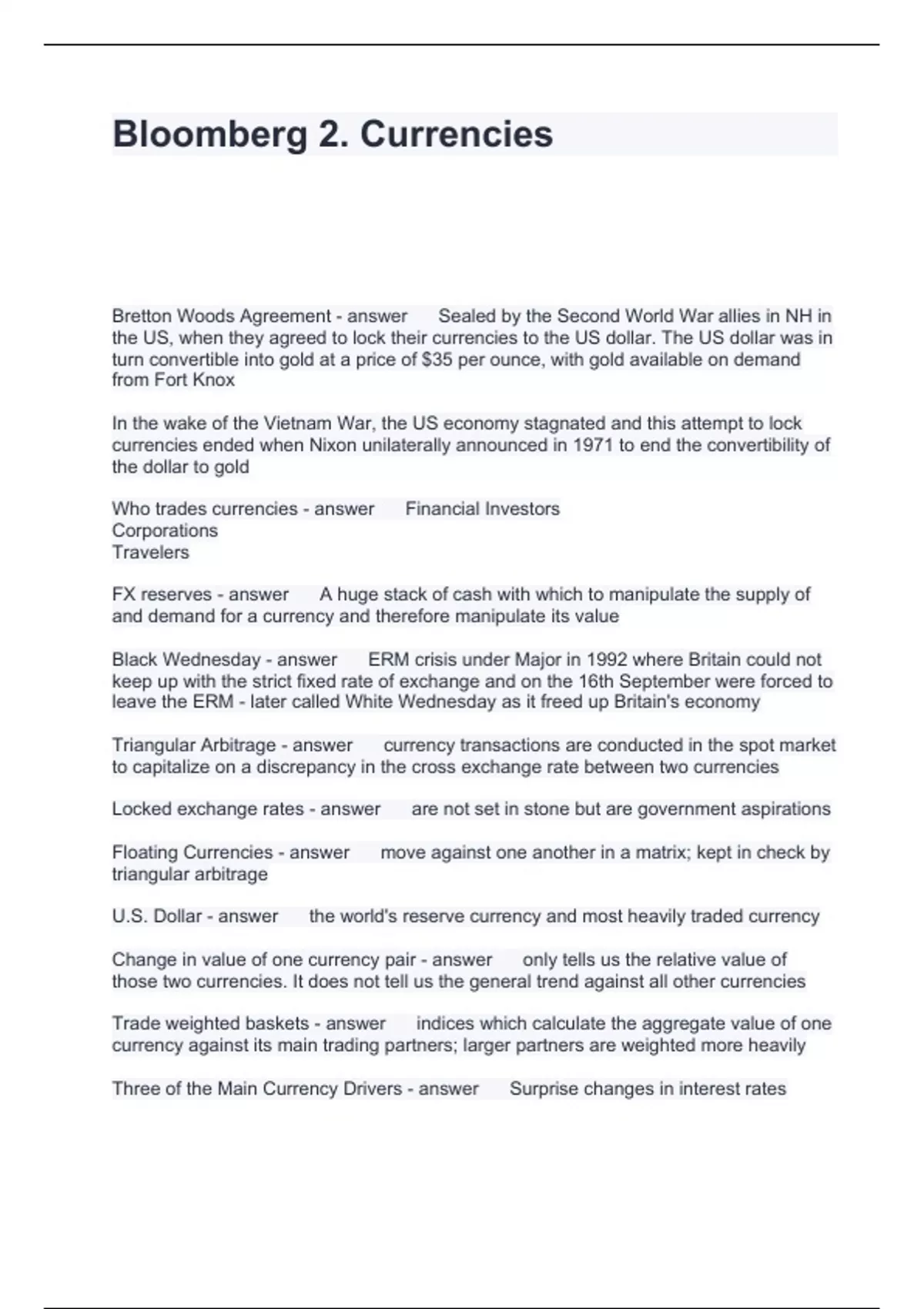 Bloomberg 2. Currencies Questions and Answers Graded A+ - BMC - Stuvia US