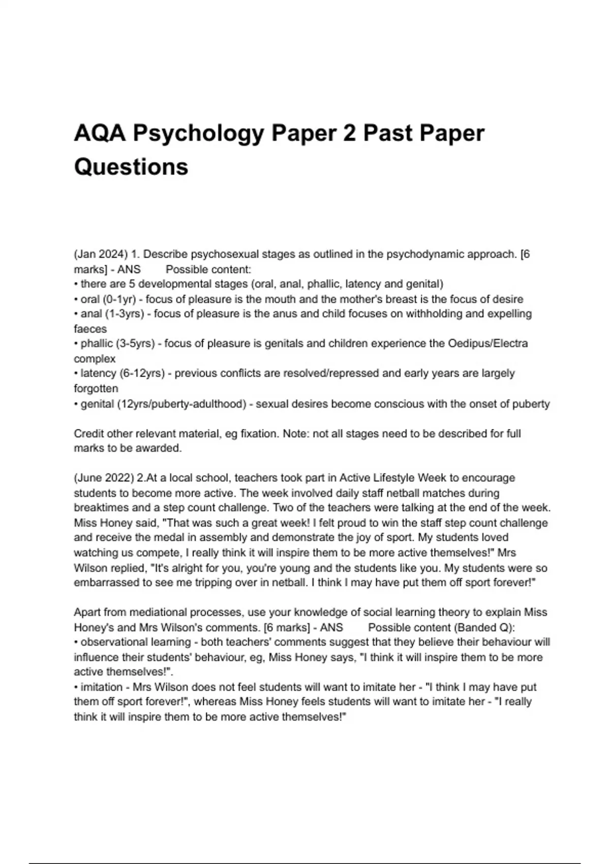 AQA Psychology Paper 2 Past Paper Questions With Correct Solutions ...