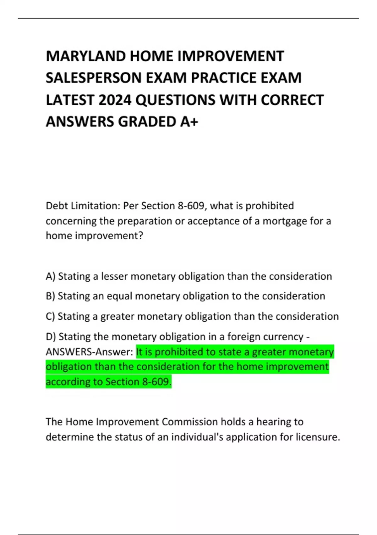 MARYLAND HOME IMPROVEMENT SALESPERSON EXAM PRACTICE EXAM LATEST 2024 ...