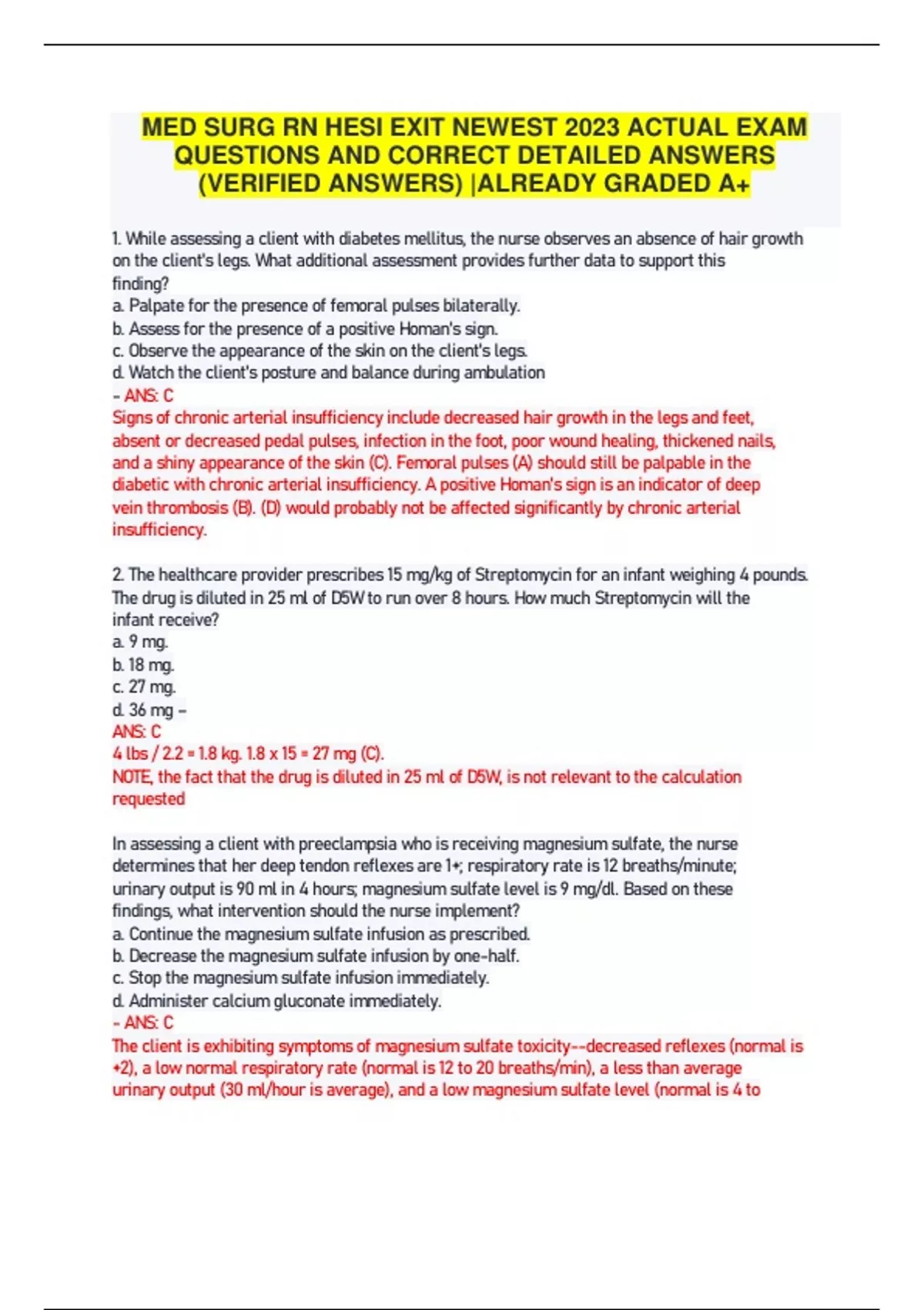 MED SURG RN HESI EXIT NEWEST 2023 ACTUAL EXAM QUESTIONS AND CORRECT ...
