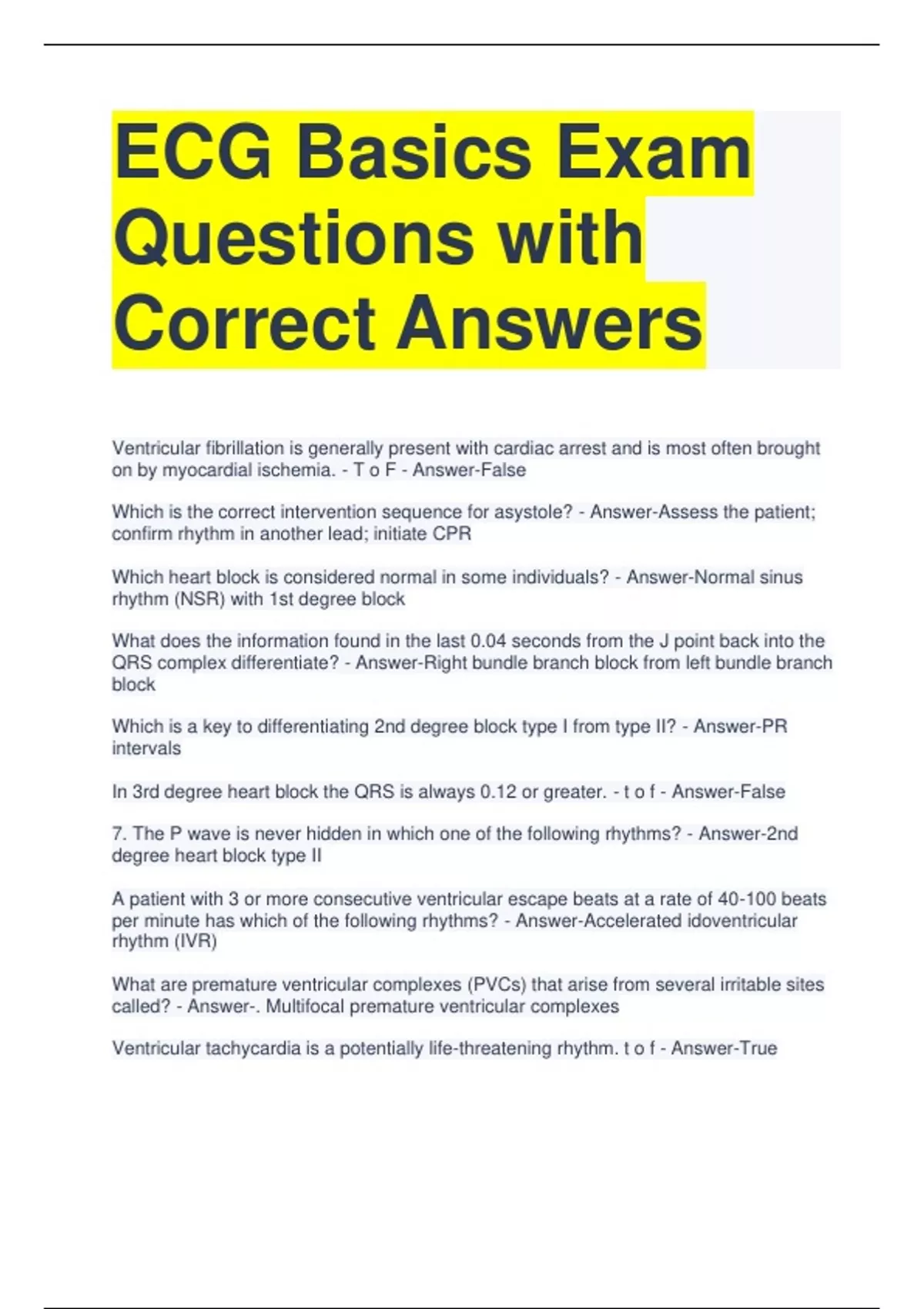 ECG Basics Exam Questions with Correct Answers - ECG - Stuvia US