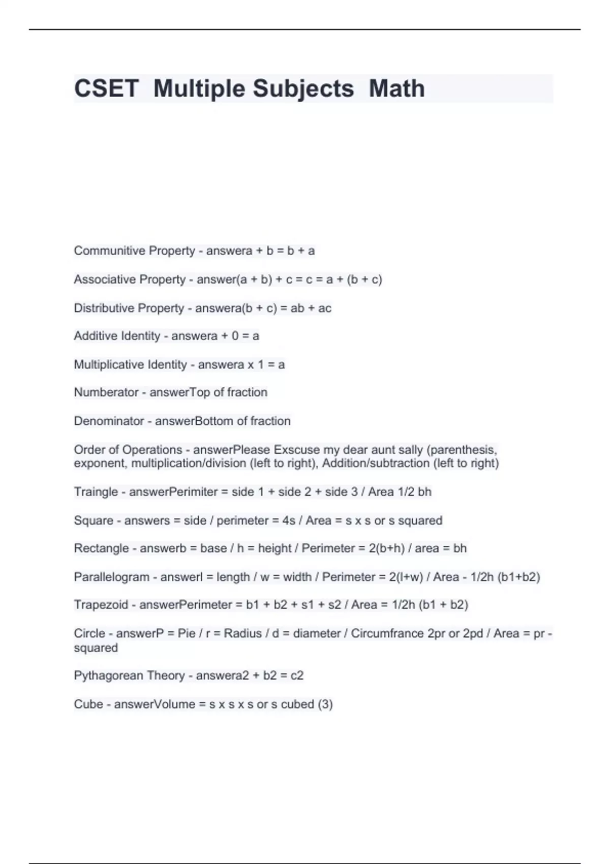 CSET Multiple Subjects Math questions with answers Graded A+ - Cset ...