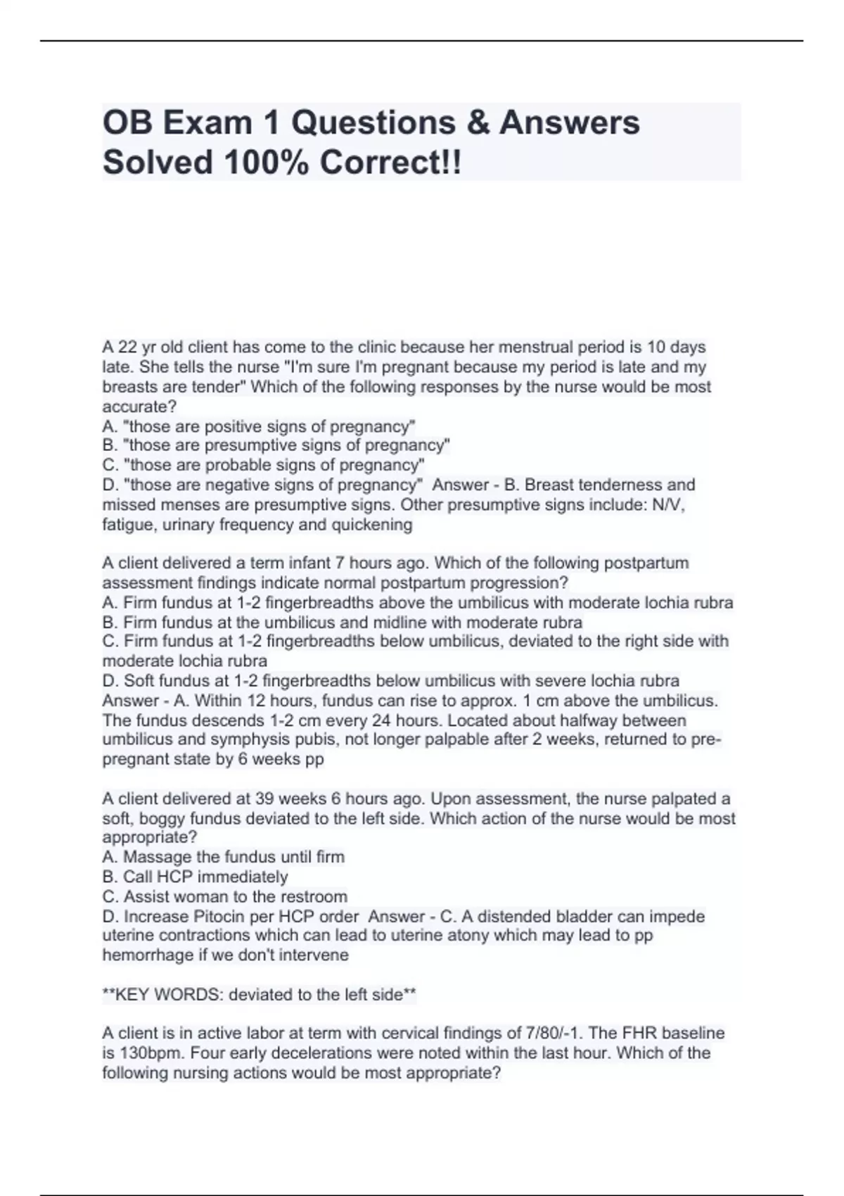 OB Exam 1 Questions & Answers Solved 100% Correct!! - Ob - Stuvia US