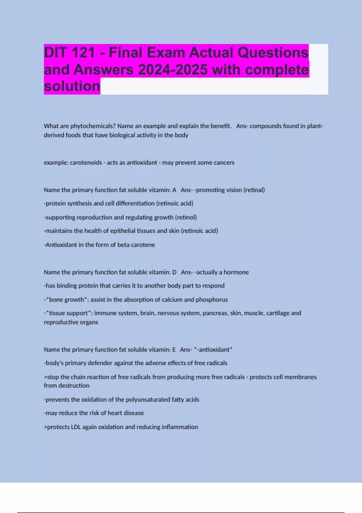 DIT 121 - Final Exam Actual Questions and Answers with complete ...
