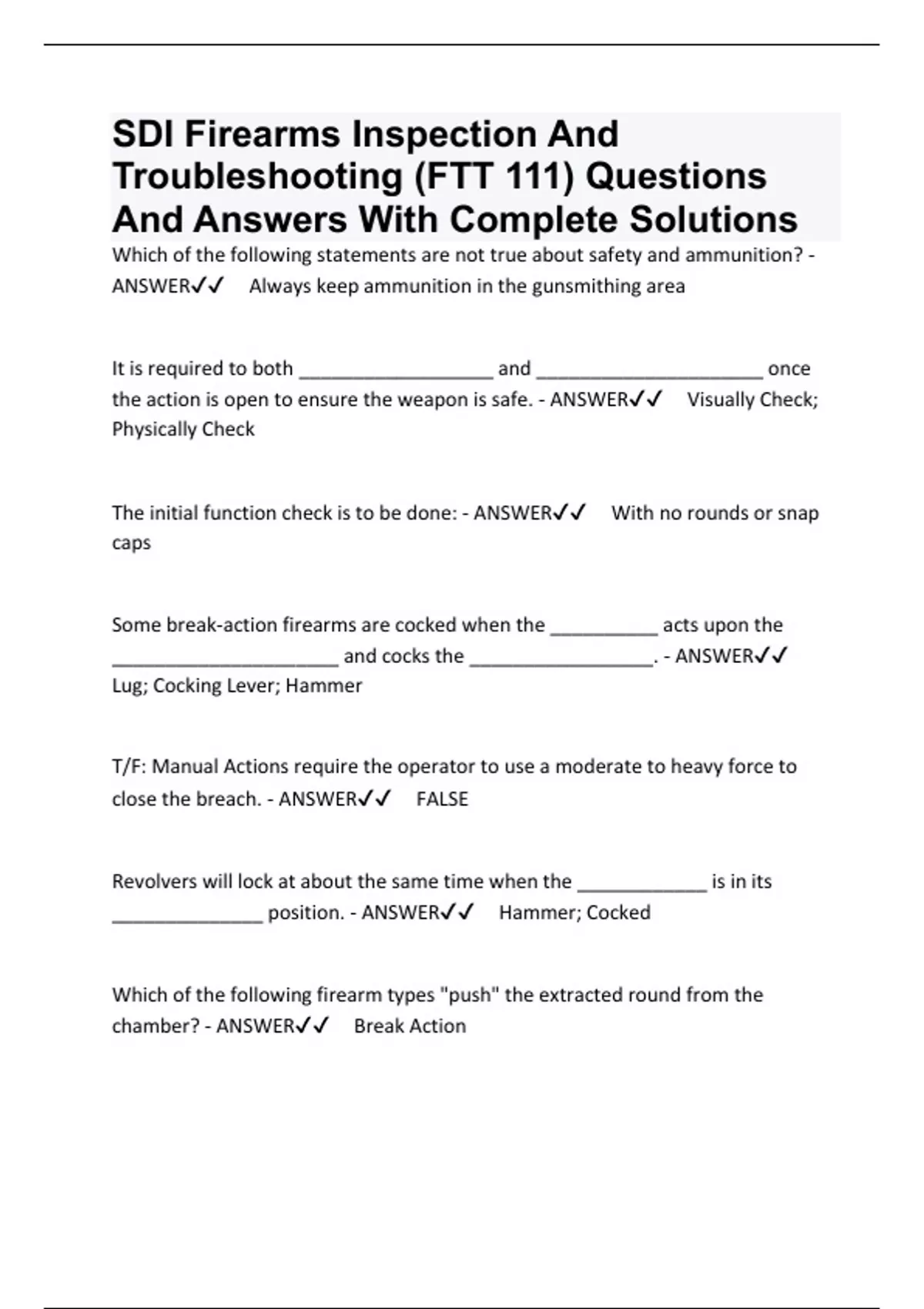SDI Firearms Inspection And Troubleshooting (FTT 111) Questions And