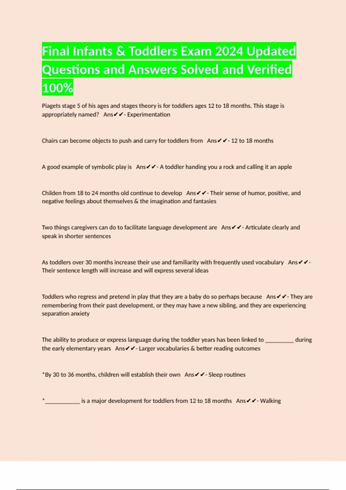 Final Infants & Toddlers Exam 2024 Updated Questions and Answers Solved ...