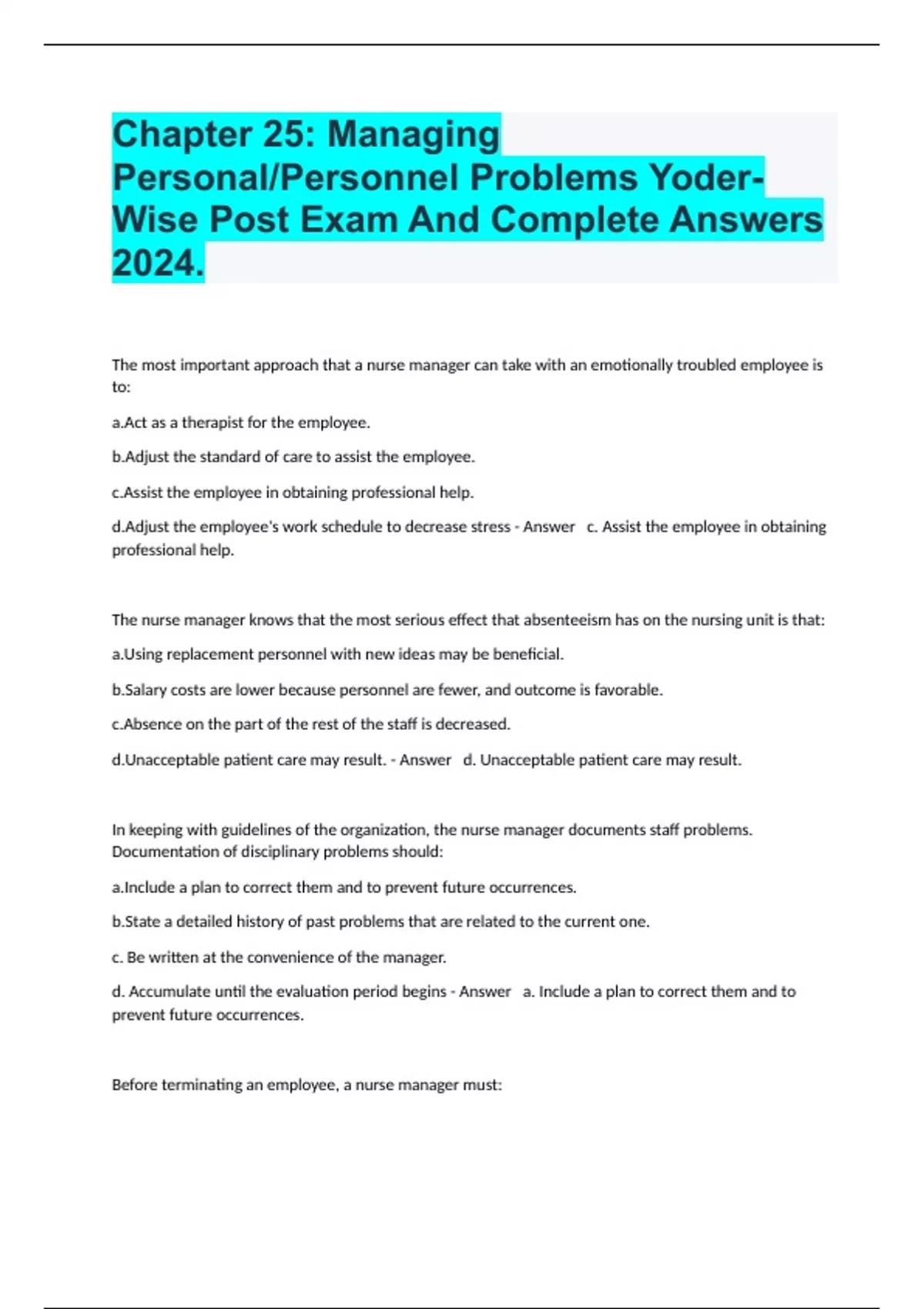 Chapter 25: Managing Personal/Personnel Problems Yoder-Wise Post Exam ...