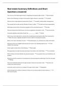 Real estate Summary Definitions and Short  Questions answered