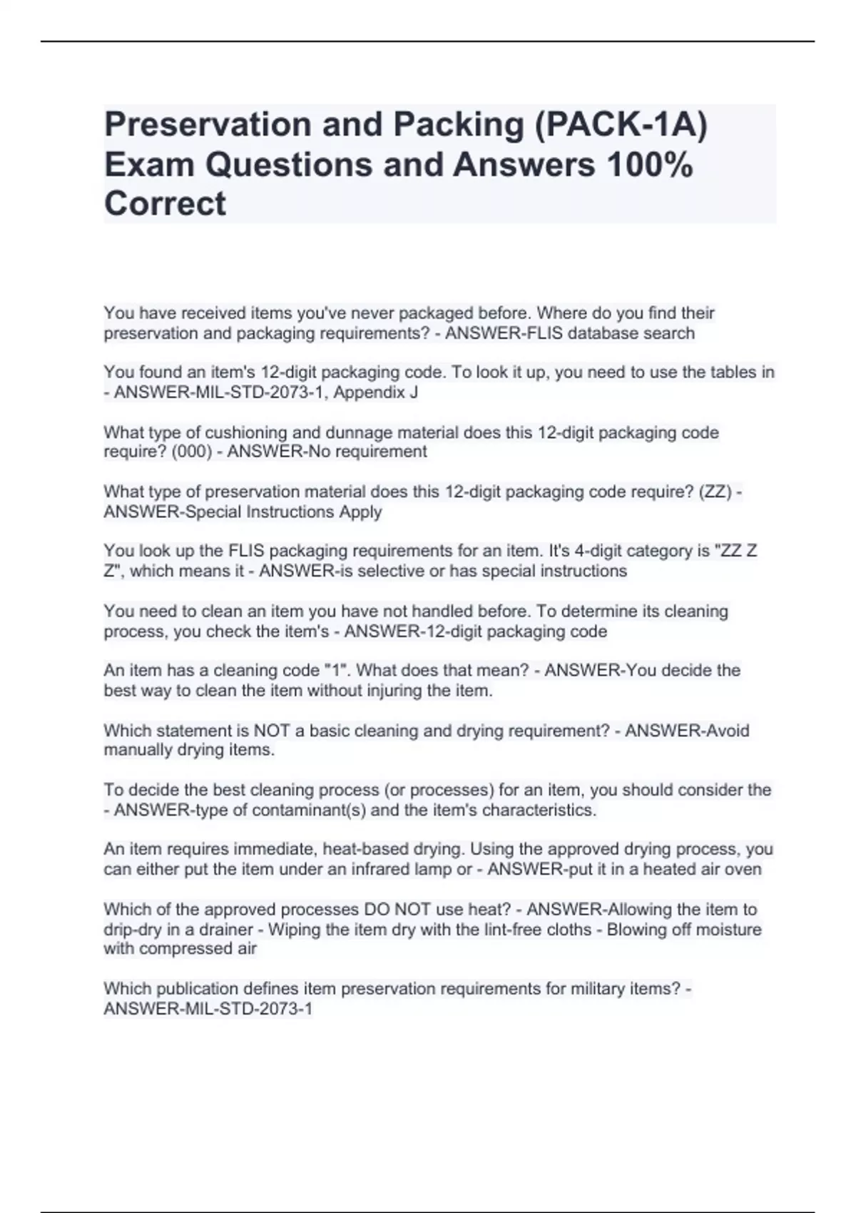 Preservation and Packing (PACK-1A) Exam Questions and Answers 100% ...