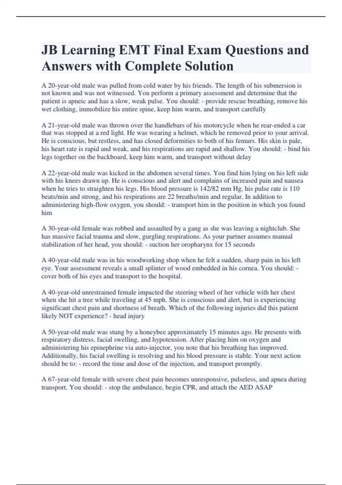 JB Learning EMT Final Exam Questions and Answers with Complete Solution