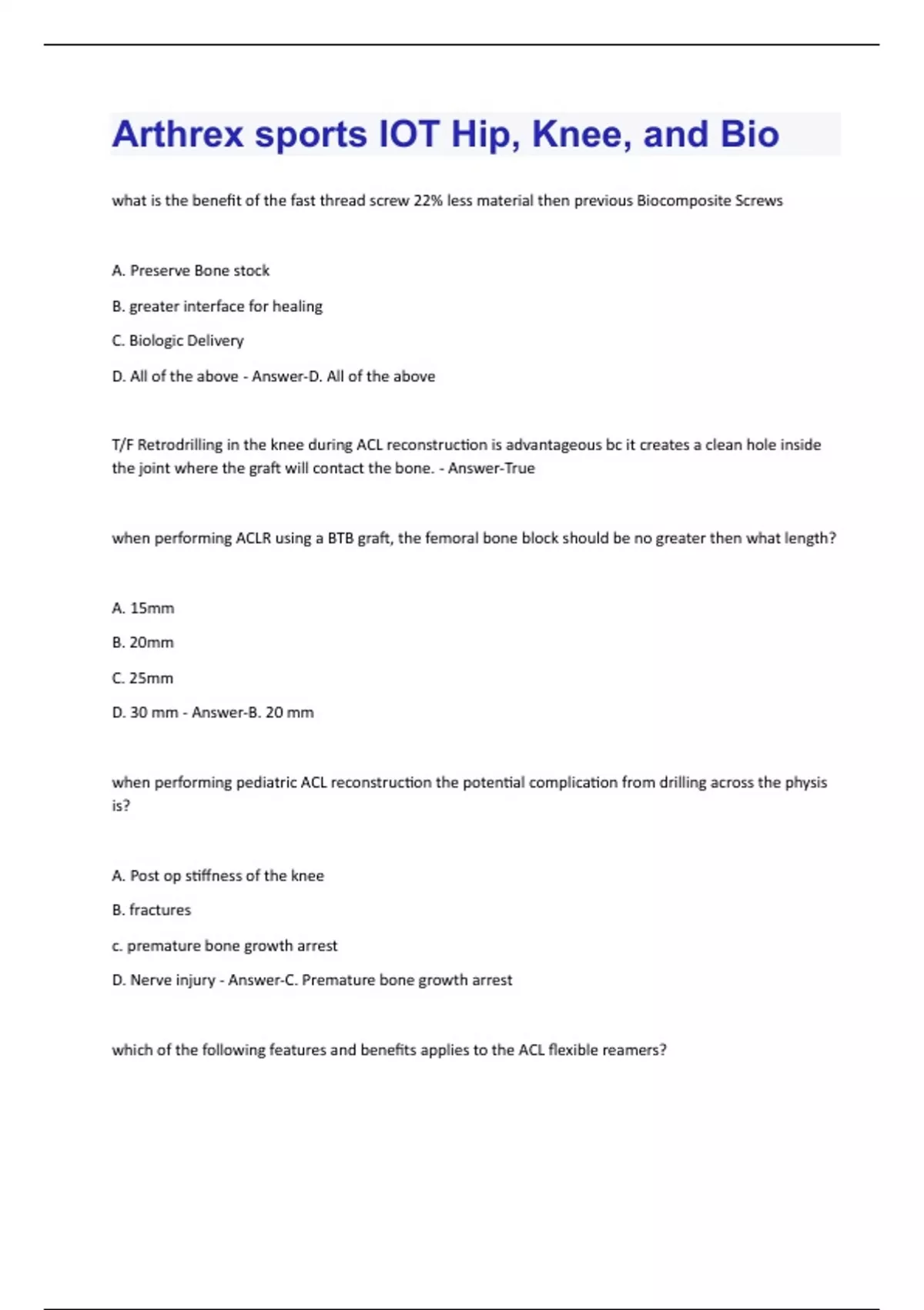 Arthrex sports IOT Hip, Knee, and Bio Questions and Answers 2024 with