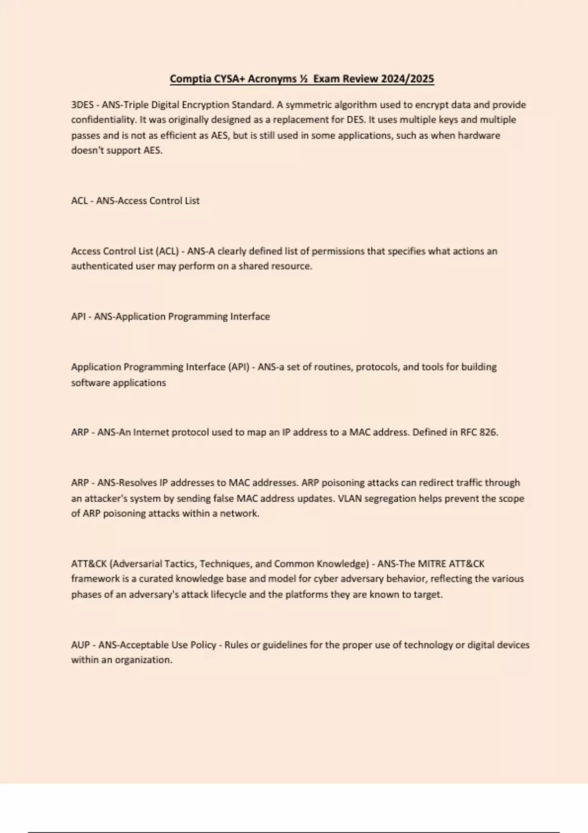 Comptia CYSA+ Acronyms ½ Exam Review 2024/2025 - Comptia CYSA+ Acronyms ...